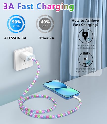 Image of ATESSON for iPhone Charger Cord 3.3FT Beaded Phone Charger Cable for iPhone 14 /13 /12 /11 Pro Max 60W Fast Charging USB A Cable for iPad 9th /8th /7th Generation Girly Cute Car Accessories for Women Girls