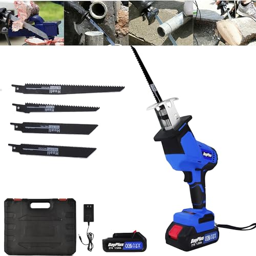 Scie sabre avec batterie 1 × 1,5 Ah et chargeur, 1900 tr/min à vitesse variable, profondeur de coupe 150 mm, 4 lames de scie pour couper bois, PVC, métal