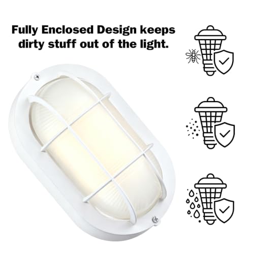 Image of GRUENLICH Outdoor Bulkhead Light, LED Oval Wall Sconce, Rustproof, White | 8.5 inch Dimmable Wall Light for Porch, Garage, Walkway, Nautical, 6W 600 Lumen, Aluminum, Glass, Waterproof, 3000K, 1 Pack
