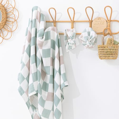 Image of BabyWhale Muslin Swaddle Blanket with Hat and Headband Bow, Checkered Print Swaddle Set for Baby Boys & Girls, Unisex Soft Receiving Blanket Wrap, Green Grey Checkered, 47x47 inches