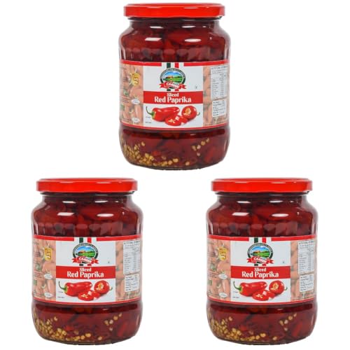 Image of CANEEN Sliced Red Paprika 680g | 100% Vegan & Fiber-Rich | Ready-to-Eat Red Paprika Topping for Pizza, Pasta, Burgers, Sandwiches, Snacks, Salads & Cooking | Glass Bottle (Pack of 3)