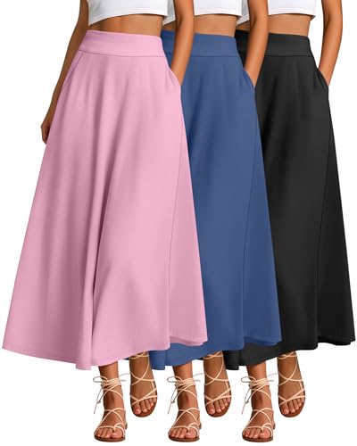 Ficerd 3 Pack Women's Maxi Long Skirts with Pockets, A Line Ankle Length High Waisted Flowy Soft Cotton Summer Casual Skirts