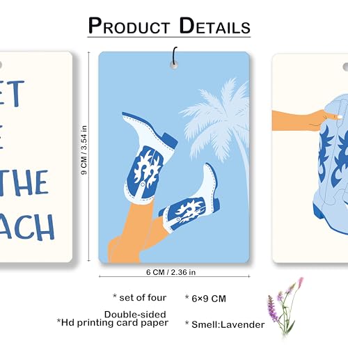 Image of Blue Coastal Cowgirl Lavender Car Air Freshener, Preppy Cowgirl Boots Meet Me at the Beach Hanging Air Freshener 4 Pcs for Cars Closet Drawer Books, Cute Car Accessories Mirror Decor for Women