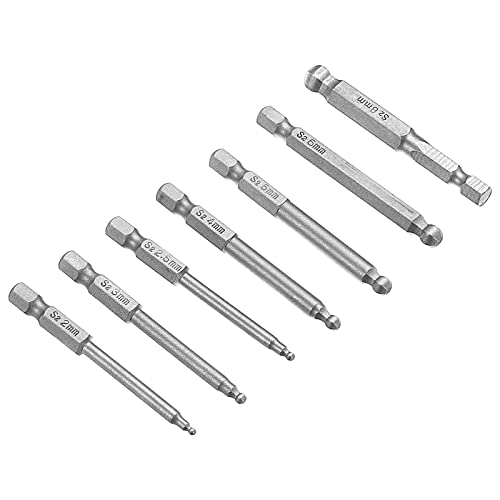 Uxcell 7 Pcs Ball End Hex Screwdriver Bit Set, 1/4" Hex Shank Magnetic H2 - H8 Hexagon Drill Bits, 2.5" Length S2 Steel #TOP9