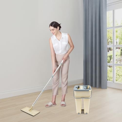 MINRS Bodenwischer, Wischmopp Set mit Eimer mit 10 Mikrofaserbe Wischtücher 360 Grad Drehbare Moppkopf Erhältlich für den Trocken-und Nassgebrauch Zwei-Tank-Design für Wohnungen Einkaufszentren – Bild 4