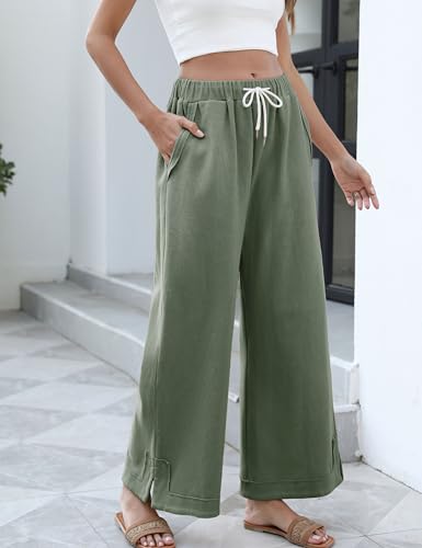 Springrain Womens Wide Leg Pants Casual Cotton Drawstring Waisted Palazzo Pants with Pockets(Green-M)2