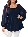 HICISI Womens Plus Size Blouse Square Neck Peplum Elegant Tops Long Sleeve Ruffle Babydoll Top Navy Blue