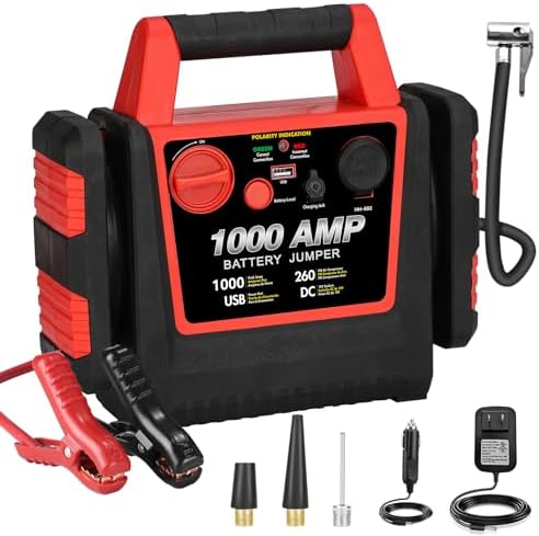 Car Battery Jump Starter-1000Amp 12V Lead-Acid Battery Jump Box with 260PSI Air Compressor, 10000 mAh Portable Power Station, Jump Pack for Vehicles Up to 5L Gas or Diesel