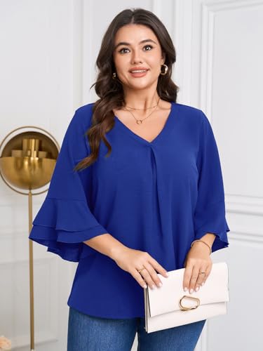 SCOMCHIC Plus Size Blouses for Women Dressy Casual 3/4 Tiered Bell Sleeve V Neck Elegant Shirts Work Tunic Tops2