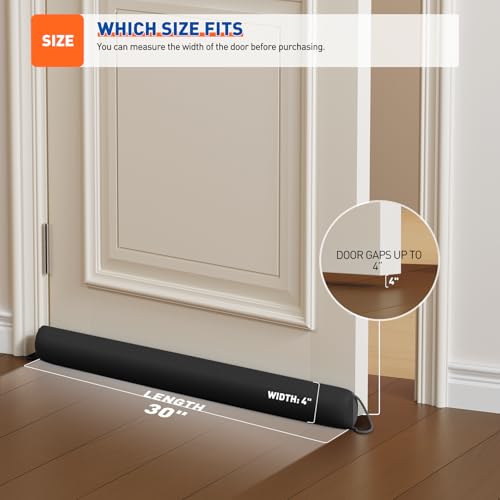 Image of MAGZO Door Draft Stopper 30 Inches, Black | Weighted Washable Under Door Gap Filler with Hanging Loops