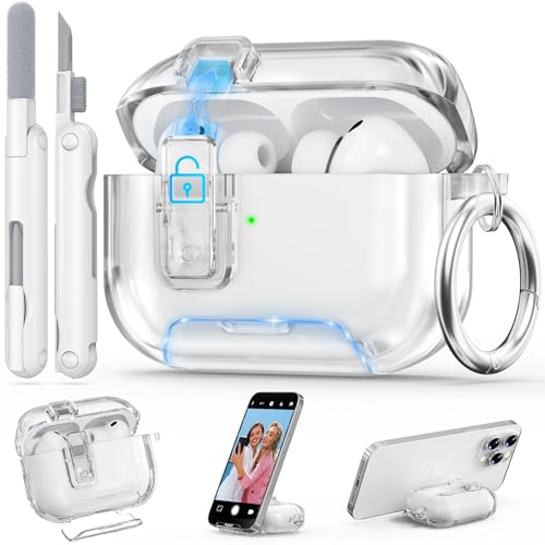 Ensfomte for AirPods Pro 3 Case Clear 2025 with Secure Lock Soft TPU Transparent Case Cover for Apple AirPods Pro 3rd Generation with Phone Stand & Cleaning Kit for Women Men with Keychain Clear