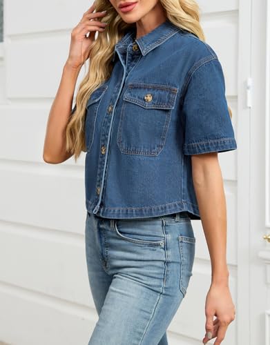 Kedera Womens Crop Denim Shirt Short Sleeve Button Down Short Jean Jacket Trendy Jean Tops Shackets2