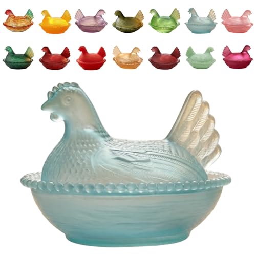 COOLZMYTH Hen on Nest Glass Dish Vintage Glass Hen on Nest Candy Dish with Lid for Home Kitchen Tabletop Decor Easter Storage and Gift Giving (blue)