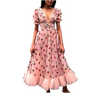 ZIPSAK Women Puff Short Sleeve Dress Strawberry Print Deep V-Neck Lace Up Ruffle Hem Flowy Empire Waist Ladies Long…