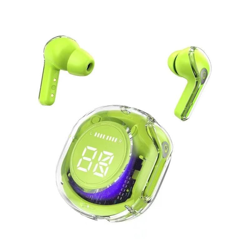 Image of Ultrapod PRO Wireless Bluetooth in Ear Earbuds, Transparent Charging Case, Active Nois Cancellation, Led Digital Display, Quantum Sound Pods,Touch Control, Water Resistant PRO Green