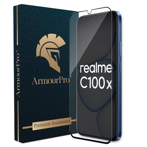Image of ArmourPro Tempered Glass for Realme C100x - 9H Screen Protector with Black Border, Anti Scratch, Edge-to-Edge Coverage, HD Clarity, Smooth Touch, Case Friendly | Black