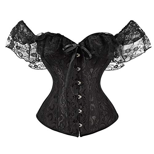 Zukmuk Bustier Vintaje Sexy para Mujer Corset Delgado de Encaje Floral Corsé con Mangas Elástico Elegante Ropa Moldeadora con Tirantes de Moda para Diario Fiesta Baile (Negro , L) Cover