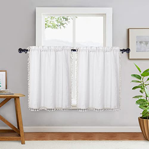 Homerry Tier Curtains For Kitchen Windows Farmhouse Linen Blend Boho Jacquard Stripe Tassel Bathroom Window Curtain Bohemian Cafe Curtains Half Window Treatment Set, 26" W X 36" L, White, Set Of 2 #TOP26