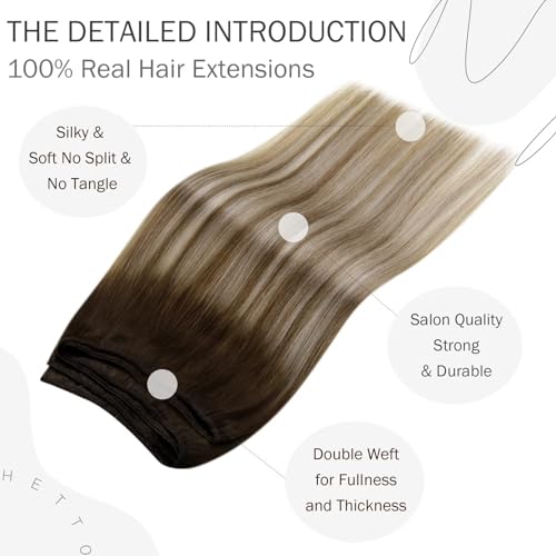 Hetto Weft Hair Extensions Real Human Hair Dark Brown to Light Brown Ombre Blonde, Full Head Thick Sew in Human Hair Wefts - Image 3