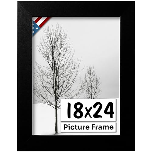 US Art Flat Black 18x24 Picture Frame - Handmade American Flat 1" Wide Engineered Wood Frame for Wall Décor with Preinstalled Hangers and UV Blocking Plexiglass, 18x24 Frame