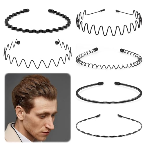 6PCS Cerchietto Capelli Metallo per Uomo e Donna, Unisex Cerchietto in Metallo, Cerchietto Fasce per Capelli Fascia Ondulata Nero, Multiplo Stile Antiscivolo Cerchietto, Adatto per Sport, Yoga, Trucco