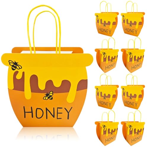 Bacideler Bee Themed Party Favor Bags Honey Bee Pot Gift Bags with Handles Honey Jars Goodie Treat Bags for Bee Day Baby Shower First Birthday Wedding Party Gifts Bag Pack of 8