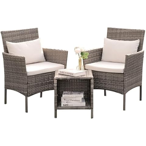 Tappio 3 Piece Patio Conversation Bistro Set, Porch Balcony Furniture Set Outdoor Chat Furniture, Wicker Chairs and Storable Table Set for Yard Balcony Backyard Apartment, Gray/Beige Cover