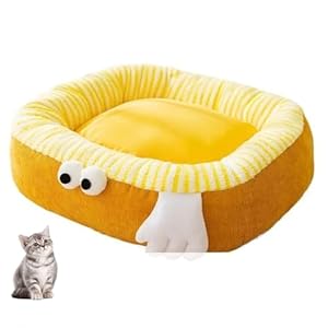 Cat Bed Cute, Cozy Dount Cat Bed for Indoor Cats with Big Eyes, Removable Cushion&Washable Cover, Round Pet Bed, Anti-Slip Bottom, for Kitten and Puppy Small Medium Dogs,Yellow,2XL