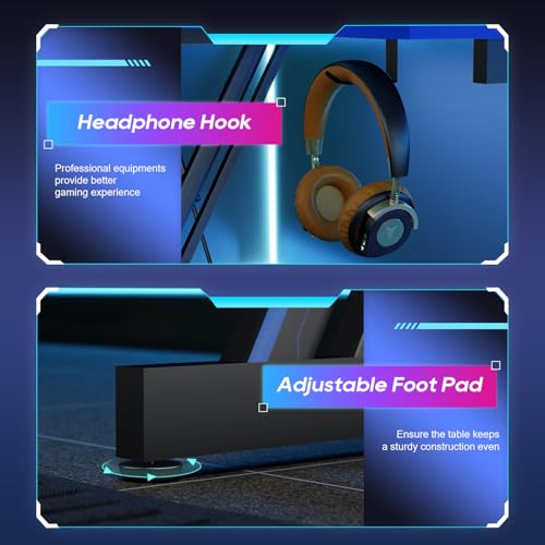 Image of BestOffice 39 inch Gaming Desk Computer Gaming Desk Z Shaped Gaming Workstation Ergonomic Gaming Table with Headphone Hook for Game Players,Black&Blue