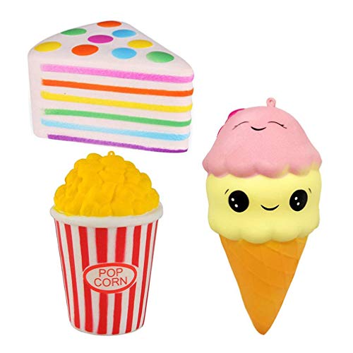 Bestkiy 3pcs Jumbo Squishies Set Popcorn Ice Cream Scented Rainbow Triangle Cake Slow Rising Squeeze Hand Pillow Toy for Collection Gift