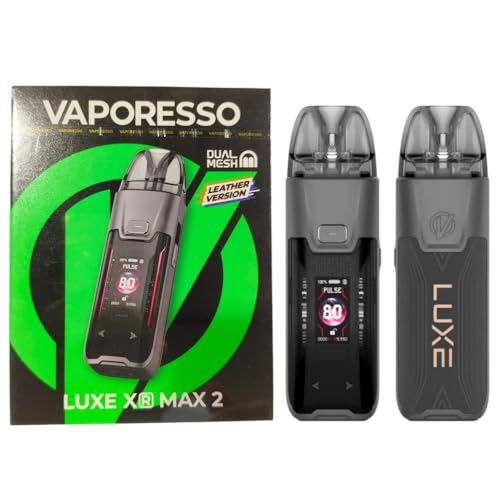 For Vaporesso Luxe XR Max 2 Kit Dual Mesh 80 W | Batería 3200 mAh | 5 ml Pod vacía LUXE XR MTL+DTL | GTX Mesh Coil 0,8Ω + 0,2Ω | Bloqueo A-Lock | Modos SMART/ECO/PULSE (Cuero gris) - No Nicotine