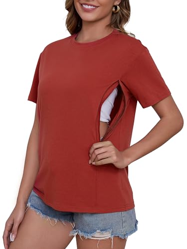 Image of Ecavus Women's Nursing Shirts for Breastfeeding, Hidden Zipper Nursing Tops, Soft Loose Fit Postpartum Tee for Pregnancy Moms