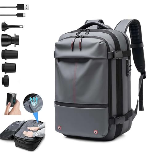 LLSUZY Mochila Vacpack, mochila de viaje portátil con bomba de vacío y bloqueo antirrobo, bolsas de compresión al vacío impermeables para hombres y mujeres, fácil de llevar en avión, Gris con bomba de