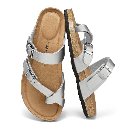 mysoft Women's Cork Footbed Slide Sandals with Adjustable Buckle