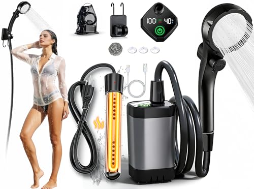 2026 Upgraded Portable Camping Shower with Heater 2000W Camping Water Heater with Shower Head 3 Spray Modes 6000mAh Rechargeable Camping Shower Pump with LED Display Outdoor Heated Camp Shower for Car