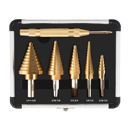 ROGAPER Step Drill Bit Set 6 Pcs Titanium High Speed Steel Step Drill Bits with Extra Automotive Center Punch for Metal, Wood & Plastic, with Aluminum Case, 50 Sizes