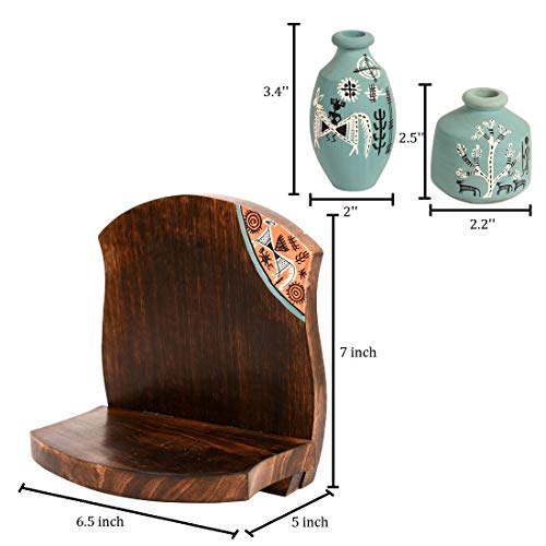 Image of AAKRITI ART CREATIONS Wooden Wall Decor Shelf with 2 Pots Madhubani Design | Handcrafted Wooden Hanging Shelf with Terracotta Vases | Matte Finish Decorative Art for Living Room, Entryway & Gifting