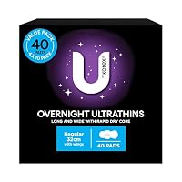U BY KOTEX Ultrathins Overnight Pads with Wings 40 Count (4 x 10 Pack) - Packaging May Vary