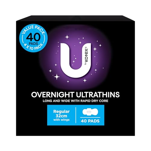 U BY KOTEX Ultrathins Overnight Pads with Wings 40 Count (4 x 10 Pack) - Packaging May Vary