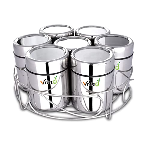 Image of Masala Dabba| Spice Container| Kitchen Jars and Containers| Storage Container| Masala Dani with Stainless Steel Spoon| Stainless Steel Containers with Stand (Large | 7-in-1 | Round)