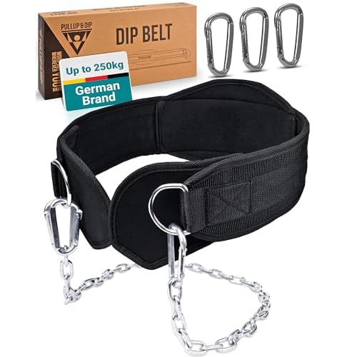 PULLUP & DIP Ceinture Lestee avec Chaîne et 3x Mousquetons, Dip Belt avec Rabats en Néoprène pour Protéger les Vêtements, Ceinture d&rsquo;Haltérophilie, Dip Belt, Ceinture de Tractions pour Musculation