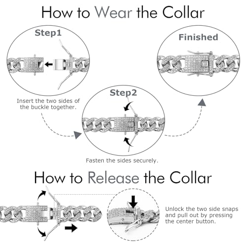 Image of Cuban Link Silver Dog Chain Collar Design Secure Buckle Crystal Necklace Silver Dog Metal Jewelry Accessories for Small Medium Large Pet Male Dogs (20inch)