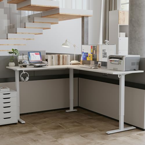 Image of Agilestic L-Shaped Standing Desk Adjustable Height, Electric Corner Standing Desk, Sit Stand Up, 75x61 inch Sit Stand Computer Table, White
