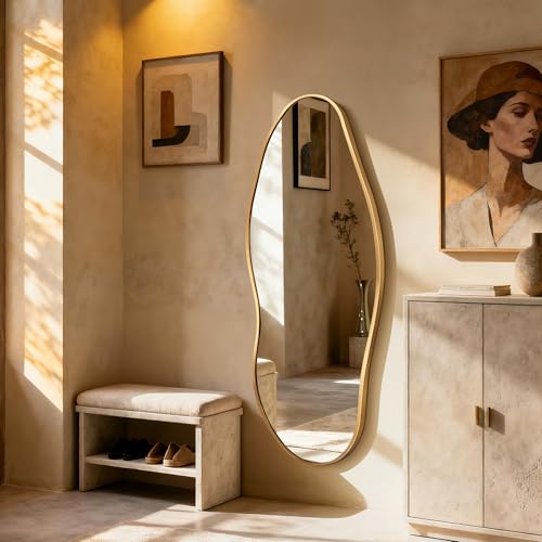 Image of Dorlicecass Mirror Full Length - Irregular Full Body Wall Mirror Hanging 55 inchx 23 inch Asymmetrical Aviation Aluminum Alloy Frame Unique for Bedroom, Living Room, Cloakroom, Entryway