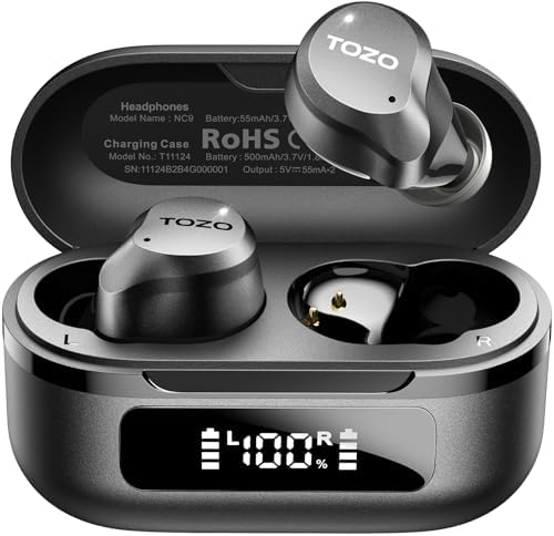 TOZO NC9 2024 Wireless Earbuds Active Noise Cancelling 6 Mics ENC Clear Call IPX8 Waterproof in Ear Bluetooth 5.3 Headphones Stereo Bass Heasets 55H Playtime with LED Display 32 EQs via APP