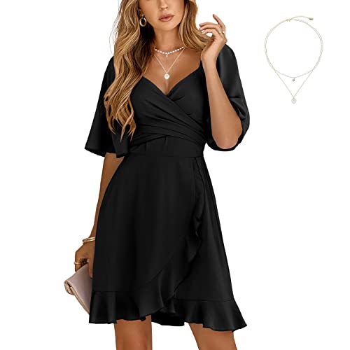 ZHIYUEE Vestido de Fiesta Mujeres Vestido de Cóctel Vestido de Verano Playa Vestido Corta Casual Moda Vestido A-línea Elegante Vestido de Noche con Collar (S, Negro)