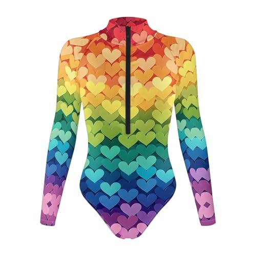 Ypexeognv Gay Rainbow Womens Long Sleeve Body Suits with Front Zip Turtle Necks Tops Women's Slimming Tummy Control Bodysuit Shirt Gay Pride Parade Outfit for Women,X-Large