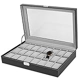 JS NOVA JUNS Watch Box, 24 Slots Mens Watch Organizer Lockable Jewelry Display Case with Real Glass Top Black Faux Leather