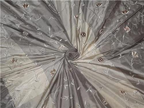 Tissu taffetas de soie au mètre broderie velours beige TAF#E9 pour couture