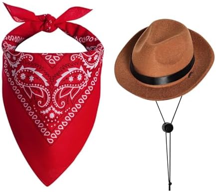 Dog Halloween Costumes Pet Cowboy Costume for Dogs Cat Cowboy Hat with Bandana Scarf Set Party Accessories (Brown)